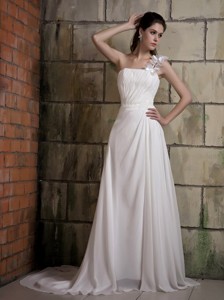 Simple One Shoulder Court Train Chiffon Ruch And Beading Wedding Dress