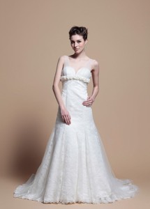 Custom Made Lace A Line Wedding Dress With Hand Made Flowers
