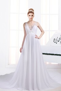 Fashionable A Line V Neck Ruching Wedding Dress With Chapel Train