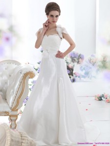White Sweetheart Brush Train Wedding Dress With Hand Made Flower And Ruffles