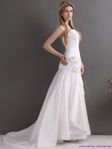 White Brush Train Sweetheart Ruching Wedding Dress With Hand Made Flowers