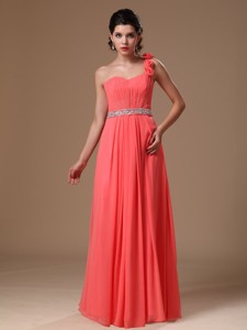 One Shoulder Watermelon Beaded Decorate Waist Chiffon Hand Made Flowers Prom Gowns For Custom Made I