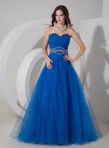 New Blue Sweetheart Prom Evening Dress Tulle Beading And Ruch Floor-length