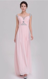 Elegant Empire Off The Shoulder Cap Sleeves Pink Prom Dress With Beading