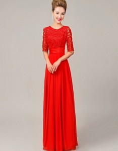 Fashionable Scoop Laced Red Prom Dress With Half Sleeves