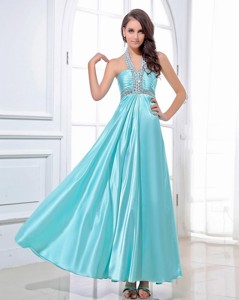 Gorgeous Halter Top Beading Ankle Length Aqua Blue Prom Dress