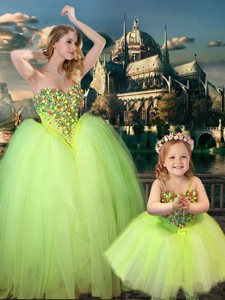 New Arrivals Beaded Really Puffy Prom Dress in Yellow Green and Classical Spaghetti Straps Little Gi