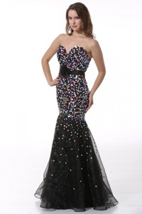 Sequined Black Mermaid Sweetheart Prom Dress with Flower