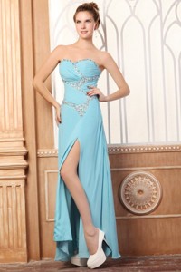 Sweetheart Light Blue Beading and High Silt Prom Dress with Chiffon