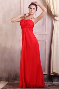 Beaded Decorate Straps Chiffon Long Red Prom Dress with Ruche
