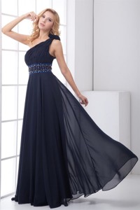 Discount Empire One shoulder Chiffon Navy Blue Beading Prom Dress with Side Zipper