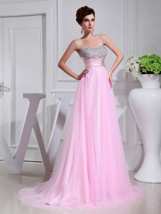 Brush Train Beading Tulle Strapless Baby Pink Prom Dress