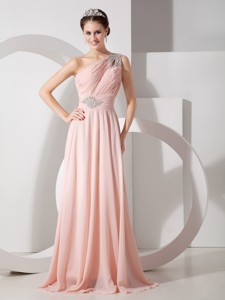 Gorgeous Baby Pink Empire One Shoulder Prom Dress Chiffon Ruch and Beading Brush Train