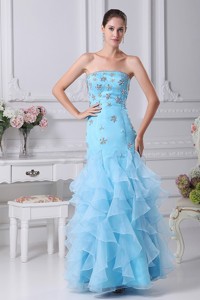 Beading And Ruffles Decorate Bodice Mermaid Aqua Blue Ankle-length Prom Dress Strapless