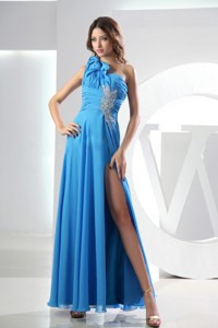 One Shoulder Empire Ankle-length Beading Baby Blue Chiffon Prom Dress