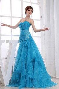 Floor-length Ruched Organza Sweetheart Prom Dress Blue
