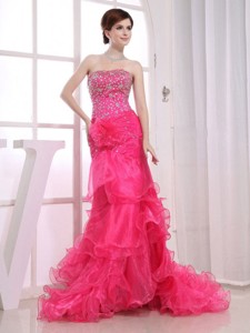 Mermaid Strapless Brush/Sweep Beading Organza Prom Dress Hot Pink