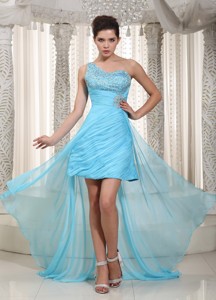 Aqua Blue One Shoulder High-low Taffeta And Chiffon Beading Prom Dress