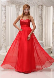Sequined Up Bodice Sweetheart Neckline Red Chiffon And Floor-length Prom Evening Dress