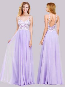 Popular Straps Applique Lavender Long Prom Dress in Chiffon