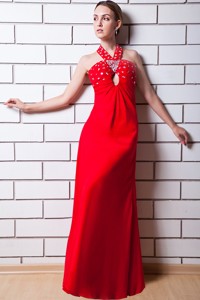 Red Empire Halter Prom Dress Chiffon Rhinestone Floor-length