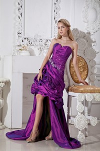 Purple Column Sweetheart Hand Made Flowers and Beading Prom Dress High-low Taffeta