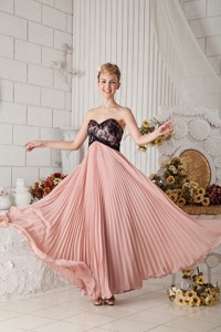 Peach Chiffon Pleated Prom Dress Covered with Black Lace