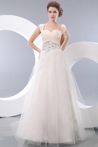 Beautiful White Straps Prom Evening Dress Tulle Beading Floor-length