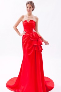 Red Princess Strapless Brush Train Satin Beading Prom Dress