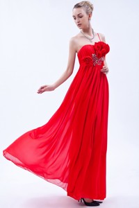 Red Empire One Shoulder Prom Dress Chiffon Beading Floor-length