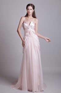 Pink Empire Strapless Brush Train Chiffon Pleat Prom Dress