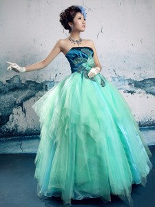 Turquoise Organza Hand Made Flowers Strapless New Styles Customize Prom Gowns