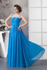 Beaded and Ruched Off Shoulder Blue Chiffon Prom Celebrity Dress