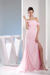 Light Pink Off The Shoulder Ruching And Beading Prom Dress
