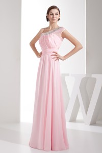 Light Pink Empire Beaded One Shoulder Prom Gowns with Ruching