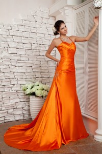 Customize Orange Red Straps Prom Evening Dress Elastic Woven Satin Beading Brush Train