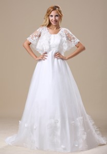 V-neck Custom Made Lace For Wedding Dress Short Sleeves Brush Train 