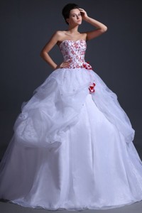 Ball Gown Sweetheart Organza Wedding Dress with Red Embroidery 