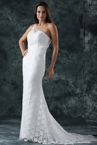 Mermaid Embroidery One Shoulder Lace Sweep Train Wedding Dress 