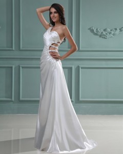 Column One Shoulder Floor-length Beading Taffeta Wedding Dress with Side Zipper 