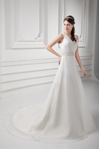 Elegant V-neck Court Train Wedding Dress With Beading And Ruching