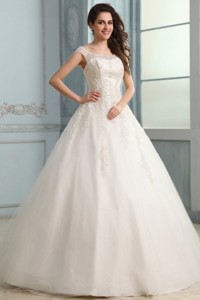 Scoop Ball Gown Appliques and Beading Floor-length Wedding Dress 