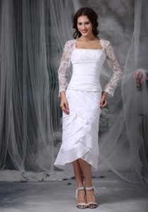 Lovely Column / Sheath Square Tea-length Chiffon and Lace Beading Wedding Dress 