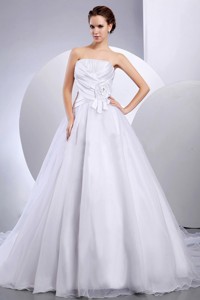 Wedding Dress With Hand Made Flower And Ruching Cathedral Train