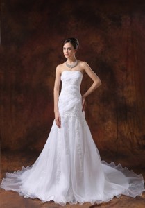 Court Train White Wedding Dress Embroidery Over Shirt Strapless 