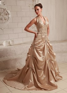 Halter Taffeta Champagne Appliques With Beading Custom Made Wedding Dress With Court Train 
