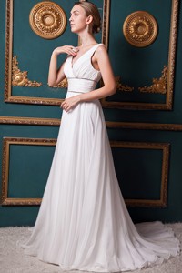 Beautiful V-neck Brush Train Organza Beading Wedding Dress