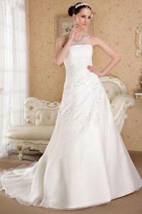 White Princess Strapless Court Train Organza Beading Wedding Dress