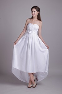 White Empire Strapless Ankle-length Taffeta Handle-made Flower Wedding Dress 