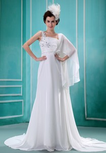 Watteau Train One Shoulder Chiffon Empire Appliques Decorate Shoulder Stylish Wedding Dress